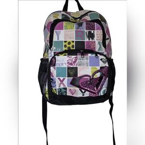Roxy Logo Graphic Backpack – Multicolor Heart & Square Pattern